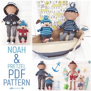 Bambola di stoffa "Noah" da vestire per ragazzo e amico "Pretzel", bambola cane con vestiti, accessori e barca a remi, modello di cucito in formato PDF e tutorial fotografico