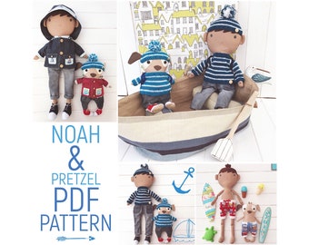 Boy Dress Up Cloth Doll 'Noah' & friend 'Pretzel' the Dog Doll with Clothes, Accessories and Row Boat PDF Sewing Pattern and Photo Tutorial