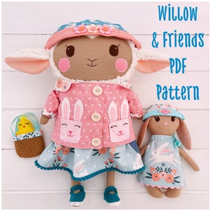 Lamb Cloth Doll &#39;Willow&#39; with Bunny Doll Friend &#39;Maple&#39; & Little Chick &#39;Buttercup&#39; plus Doll Clothes PDF Sewing Pattern and Photo Tutorial