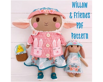 Lamb Cloth Doll 'Willow' with Bunny Doll Friend 'Maple' & Little Chick 'Buttercup' plus Doll Clothes PDF Sewing Pattern and Photo Tutorial