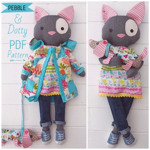 Dress up Cloth Cat Doll 'Pebble' & her friend 'Dotty' Puppy Doll with Doll Clothes and Accessories PDF Sewing Pattern and Photo Tutorial
