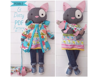 Dress up Cloth Cat Doll 'Pebble' & her friend 'Dotty' Puppy Doll with Doll Clothes and Accessories PDF Sewing Pattern and Photo Tutorial