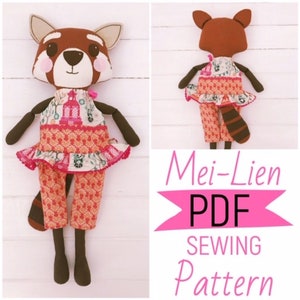 Red Panda Dress Up Cloth Doll &#39;Mei-Lien&#39; with Summer Girl Doll Outfit PDF Sewing Pattern and Photo Tutorial Digital Download