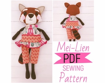 Red Panda Dress Up Cloth Doll 'Mei-Lien' with Summer Girl Doll Outfit PDF Sewing Pattern and Photo Tutorial Digital Download