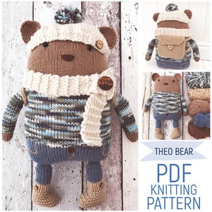 Hand Knitted Toy Teddy Bear &#39;Theo&#39; with Accessories Easy-Knit PDF Knitting Pattern & Photo Tutorial Digital Download