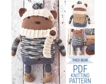 Hand Knitted Toy Teddy Bear 'Theo' with Accessories Easy-Knit PDF Knitting Pattern & Photo Tutorial Digital Download