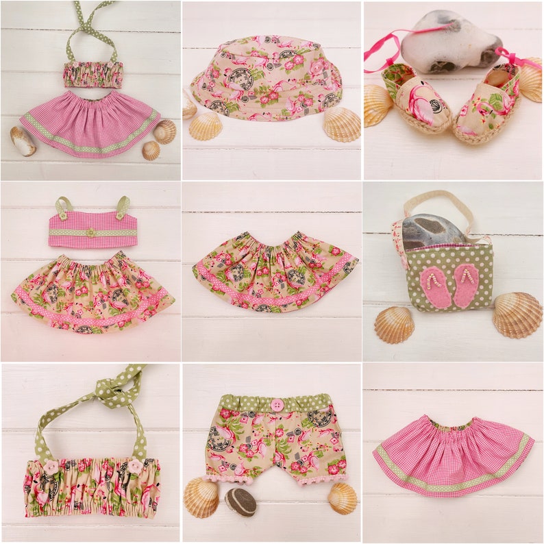 May include: A set of doll clothes in pink and green with floral patterns. The set includes a skirt, a top, a hat, shorts, and a bag. The clothes are made of fabric and have a variety of textures.