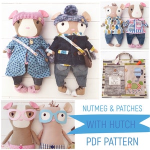 Muñecas de vestir de conejillo de indias &#39;Nutmeg & Patches&#39; con ropa, accesorios y estuche de transporte. Patrón de costura en PDF y tutorial fotográfico.