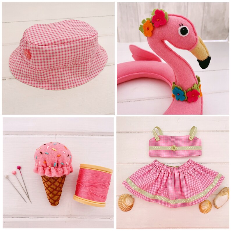May include: A set of pink and green fabric crafts including a bucket hat, a flamingo pool float, a dress, and an ice cream cone pincushion.