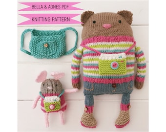 Hand Knitted Toy Cat 'Bella' & her Little Mouse Friend 'Agnes' with Knitted Backpack and Camera  PDF Knitting Pattern and Photo Tutorial