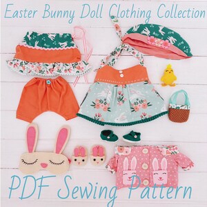 May include: Easter Bunny Doll Clothing Collection PDF Sewing Pattern. A set of doll clothes including a green and orange dress, orange pants, a green hat, a pink jacket with bunny pockets, a sleep mask, shoes, a small bag, and a yellow chick.