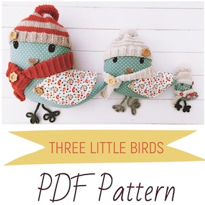 Poupées oiseaux en tissu et coussins « Hennie », « Coco » et « Blue », avec bonnets et écharpes en tricot PDF Patron de couture et tutoriel photo à téléchargement numérique