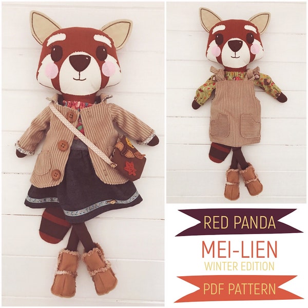 Red Panda Dress Up Cloth Doll 'Mei-Lien' with Winter Girl Doll Clothes & Accessories PDF Patron de couture et tutoriel photo Téléchargement numérique