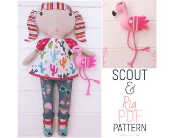 Dress Up Girl Cloth Doll 'Scout' & Felt Flamingo Friend 'Ria' with Summer Doll Clothes and Accessories PDF Sewing Pattern and Photo Tutorial