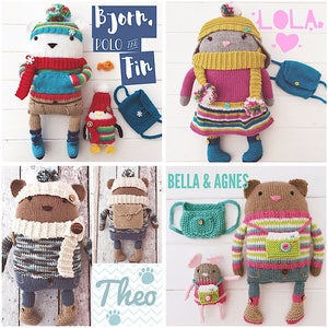 Hand Knitted Toys with Accessories: Bear, Rabbit, Cat, Mouse, Polar Bear, Penguin & Fish PDF Knitting Pattern Bundle with Photo Tutorials