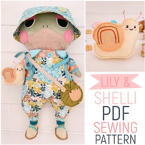 Bambola di stoffa rana 'Lily' e amica lumaca di feltro 'Shelli' più vestiti e accessori per bambole Modello di cucito PDF e tutorial fotografico Download digitale