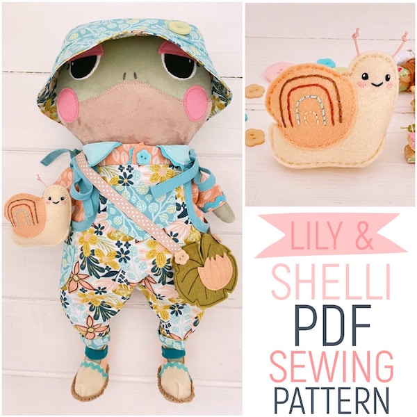 Frog Cloth Doll 'Lily' and Felt Snail Friend 'Shelli' plus Doll Clothes & Accessories PDF Sewing Pattern and Photo Tutorial Digital Download