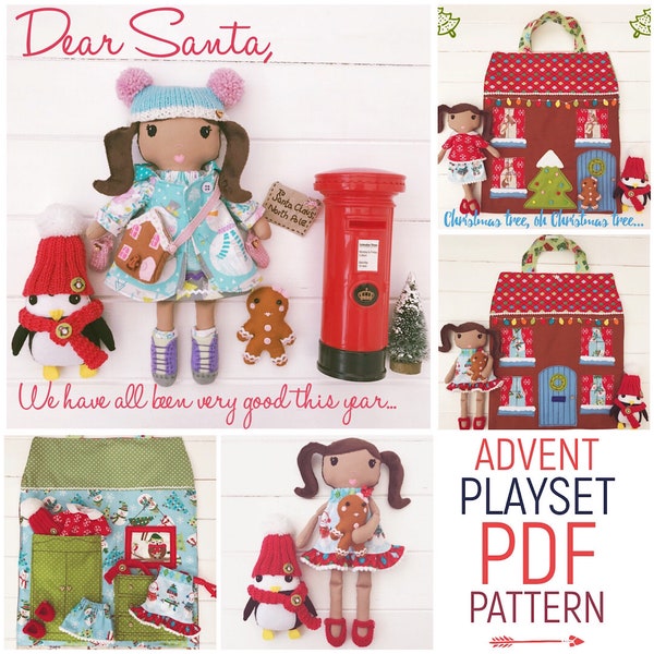 Christmas Advent Small Cloth Doll 'Holly' with Penguin & Gingerbread Dolls, Clothes, Accessories and Carry Case House PDF Sewing Pattern