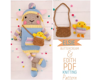 Hand Knitted Toy Lamb Doll 'Elsie Buttercream' with Chick Pal 'Edith' & Accessories PDF Knitting Pattern and Photo Tutorial Digital Download