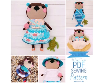 Dress Up Otter Cloth Doll 'Cali' with Felt Turtle Pal 'Pearl, Clothes & Accessories PDF Sewing Pattern and Photo Tutorial Digital Download