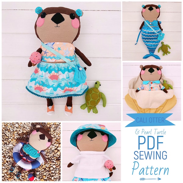 Dress Up Otter Cloth Doll 'Cali' with Felt Turtle Pal 'Pearl, Clothes & Accessories PDF Sewing Pattern and Photo Tutorial Digital Download
