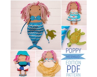 Dress Up Girl Cloth Doll 'Poppy' Mermaid Edition with Summer Clothes & Accessories PDF Sewing Pattern and Photo Tutorial Digital Download