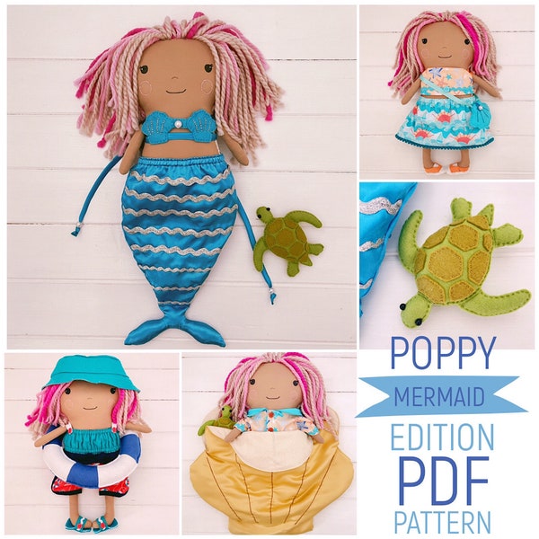 Dress Up Girl Cloth Doll 'Poppy' Mermaid Edition with Summer Clothes & Accessories PDF Sewing Pattern and Photo Tutorial Digital Download