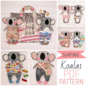 Dress Up Koala Cloth Dolls 'Melba & Hobart' with Beach Clothes, Accessories and Surf Shack Carry Case PDF Sewing Pattern and Photo Tutorial