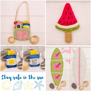May include: A set of felt crafts for summer fun. The set includes a watermelon popsicle, a surfboard with the text "Surf's Up", a beach bag with flip flops and sunscreen, and a set of beach-themed icons including a seashell, a conch shell, and two starfish.