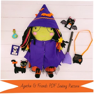Witch Dress Up Cloth Doll with Cat & Bat Friends plus Halloween Accessories PDF Sewing Pattern and Photo Tutorial Digital Download