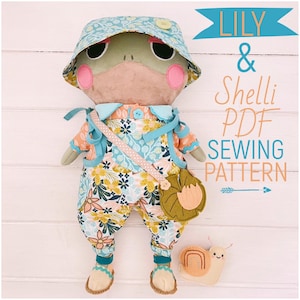 Patrón de costura para muñeca rana de 14 pulgadas 'Lily' y caracol 'Shelli' + ropa y accesorios, tutorial fotográfico y descarga digital instantánea.
