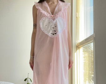 Hand-Painted Creepy Cute Lace Heart on Vintage Reworked Satin Pastel Pink Frilly Nightgown Slip Dress in Small