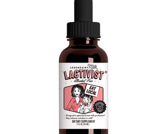 May include: A brown glass bottle with a black dropper top. The bottle label is pink and white and says "LEGENDAIRY Milk LACTIVIST Alcohol Free" with a cartoon image of a woman holding a baby. The label also says "EAT LOCAL" and "DIETARY SUPPLEMENT 2 FL OZ (59 ML)".