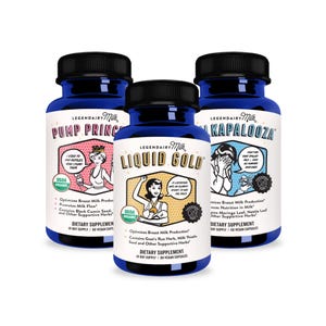 May include: Three blue bottles of dietary supplements with colorful labels and cartoon illustrations. The bottles are labeled "Pump Princess", "Liquid Gold", and "Kapalooza". Each bottle has a USDA Organic seal and a vegan symbol.