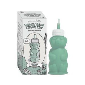 May include: A green silicone honey bear straw cup with a white lid and straw. The cup is 6 oz (175 ml) and is labeled "Seafoam Green".