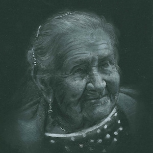 May include: A black and white drawing of an elderly woman with white hair and a white polka dot shirt. The drawing is done in a realistic style and the woman's face is full of character.