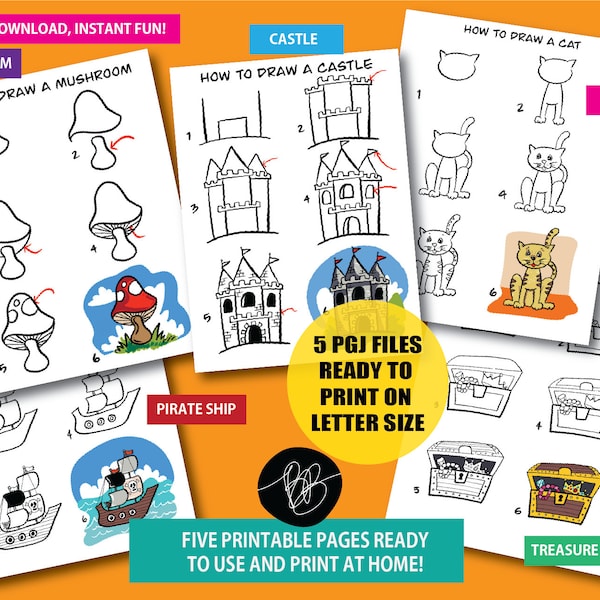 Five Printable Pages Bundle How to Draw Doodles for Kids, Step by Step and coloring pages Instant Download