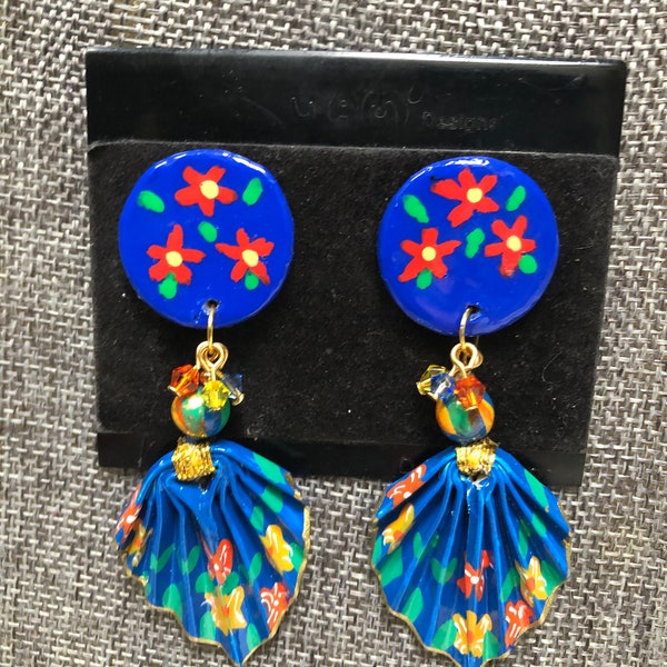 New Mam' "Style" Handmade Designer EMS Lg  Blue Multi-Colored Mix "Fandango's" W/Jewels Dangle Clip Earrings