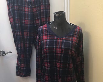 Nautica XL Fleece Pajama Set: Red & Blue Plaid V-Neck