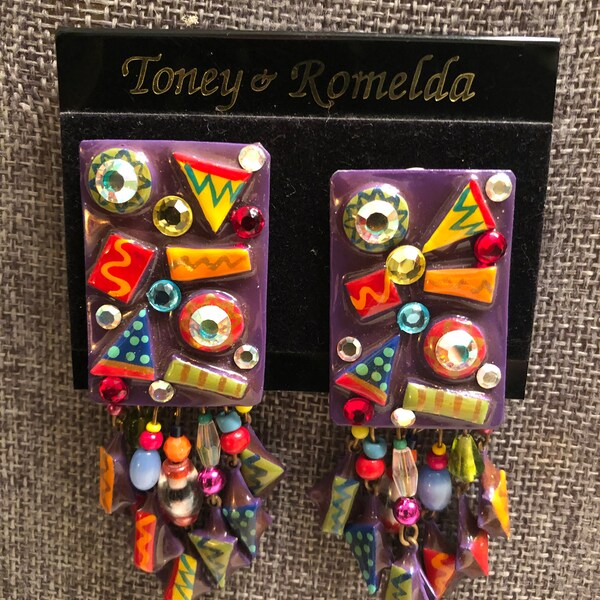 SALE! Vintage Designers Toney & Romelda Purple Multi-Colored Mix "Mosaic Tiles" W/Jewels Dangle Clip Earrings