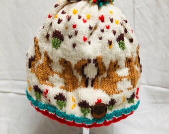 Hand Knitted Squirrel Themed White Multicolored Beanie Hat