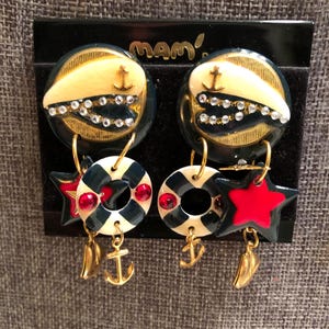 Vintage Designer Mam&#39; Collectors Red Blue Gold & Off White Mix &quot;Anchor&#39;s Aweigh&quot; Dangle Clip Earrings