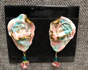 Vintage Lacombe "Style" Designer Artist's Choice Ceramic Green Pink & Cream Mix "Beatrice" W/Jewels Dangle Clip Earrings