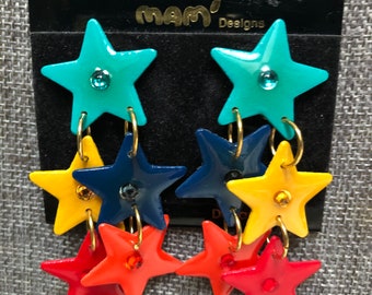 Vintage Designer Mam' Collectors Multicolored Mix "Stars" Dangle Clip Earringa