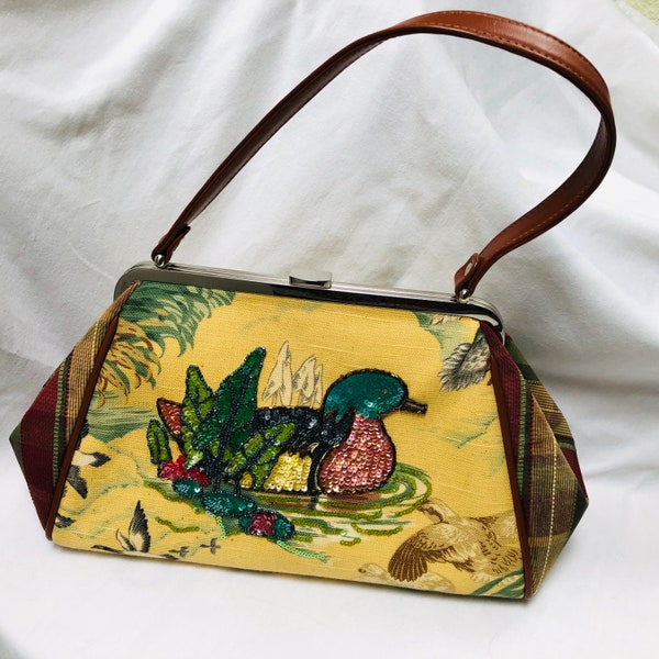 SALE!! Beautiful Vintage Isabella FioreSoft Yellow Green & Red W/Multi-Colored Beading "Mallard" Purse/Handbag