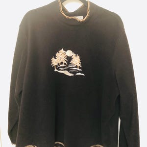 Coldwater Creek Sz XXL Black W/Tan Stitching Pullover Mock Neck Fleece Tunic Top W/Embroidery image 1