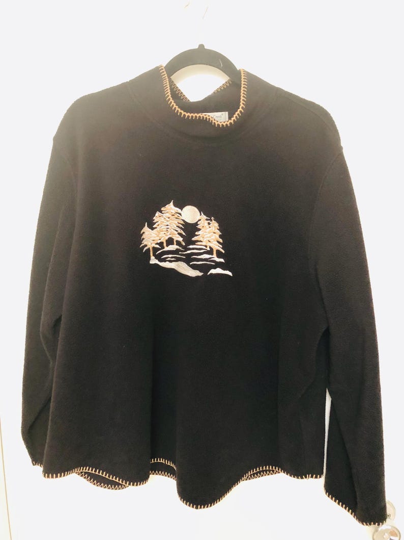 Coldwater Creek Sz XXL Black W/Tan Stitching Pullover Mock Neck Fleece Tunic Top W/Embroidery image 1