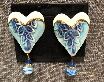 Vintage Lacombe "Style" Designer Artist's Choice Ceramic Blues & Cream Mix "Joy" W/Jewels Dangle Clip Earrings