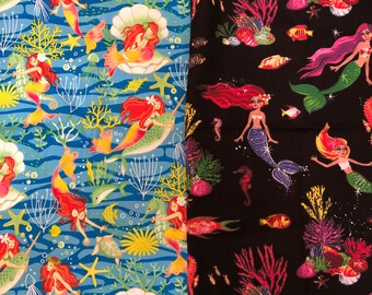 Mermaid Fabrics Yardage Of Black & Blue Multi-Mix Prints " Asst. Mermaids","And"Mermaids W/Norwalls" Cotton Fabric