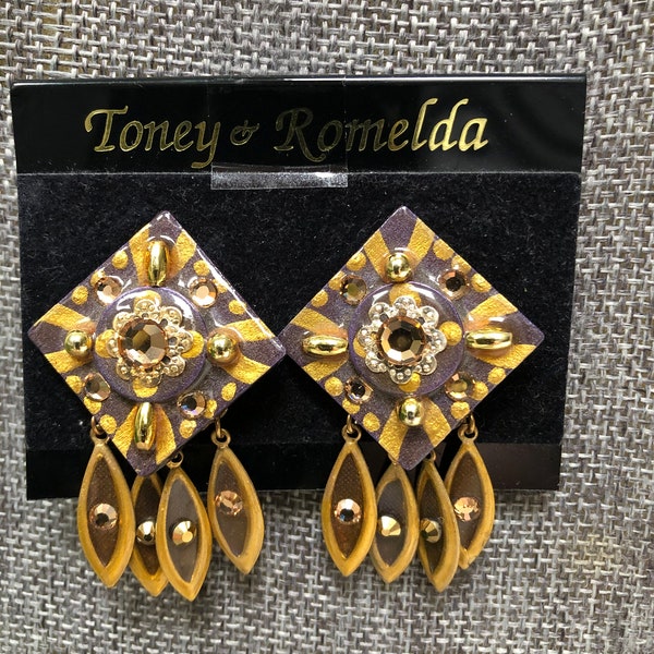 Vintage Designers Toney & Romelda Bronze And Golden Yellow Mix " Florence" Dangle Clip Earrings